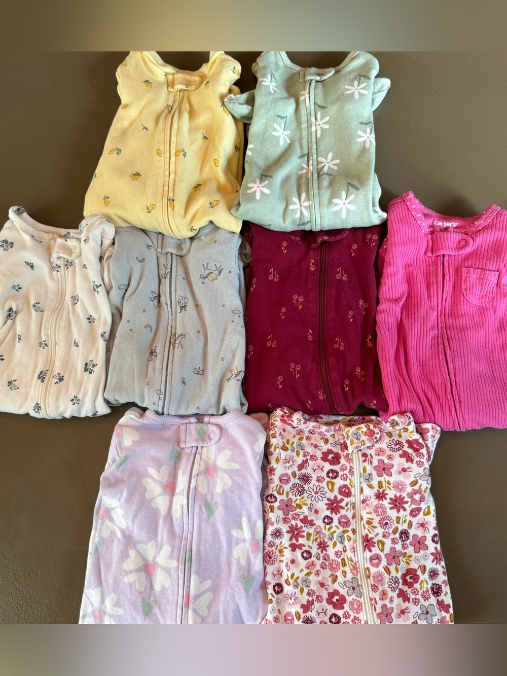 Carter's Set Of 8 Long Pants/Sleeve Footie Pjs-Girls 2 Way Zipper